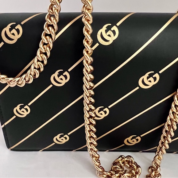 Authentic Gucci Black/Gold GG Diagonal Striped Wallet on Chain - Two Way - Picture 15 of 16